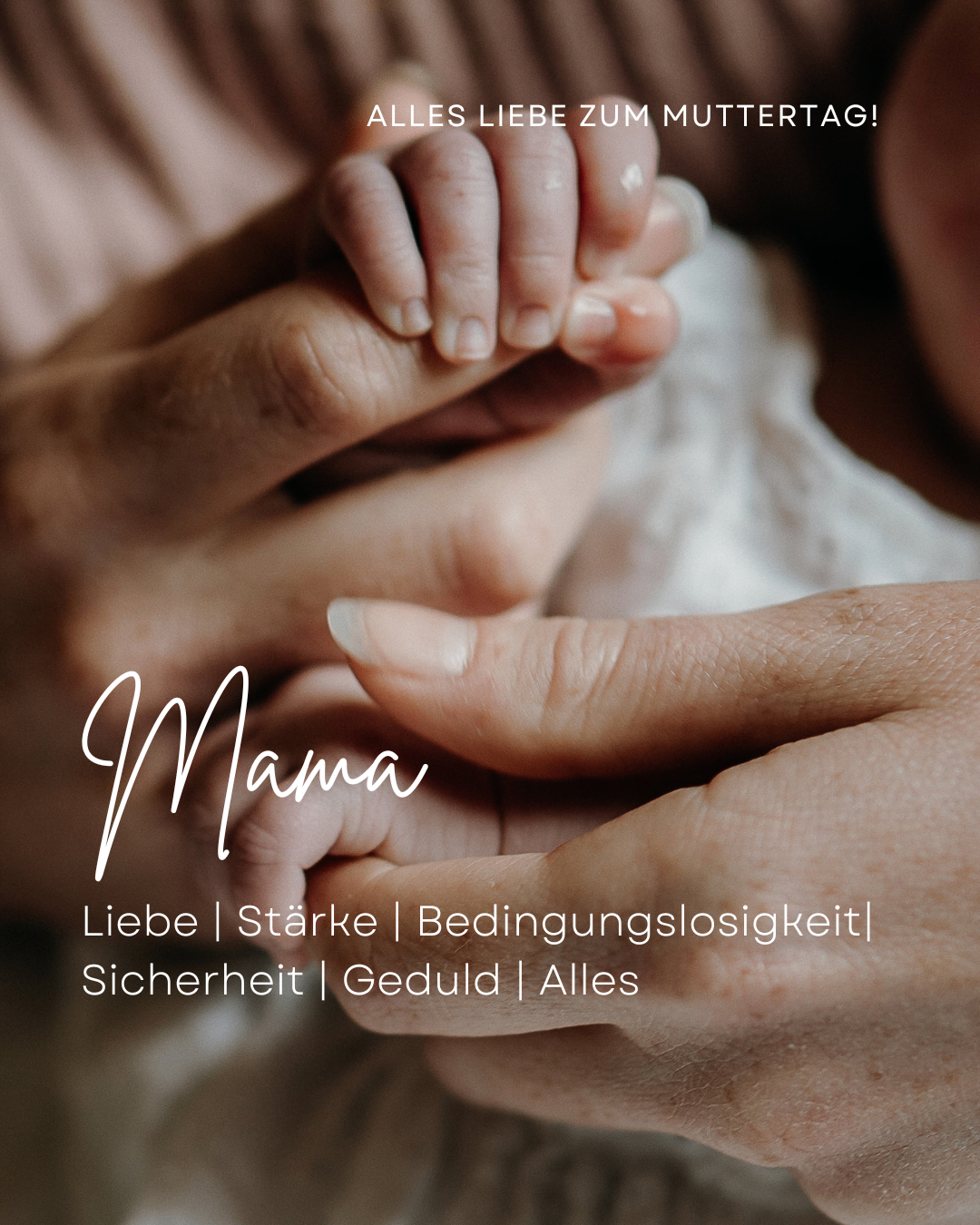 An image of a baby's hand being held by an adult's hand. The baby's fingers are tightly clasped around the adult's. The words 'Mama' are written above in cursive.