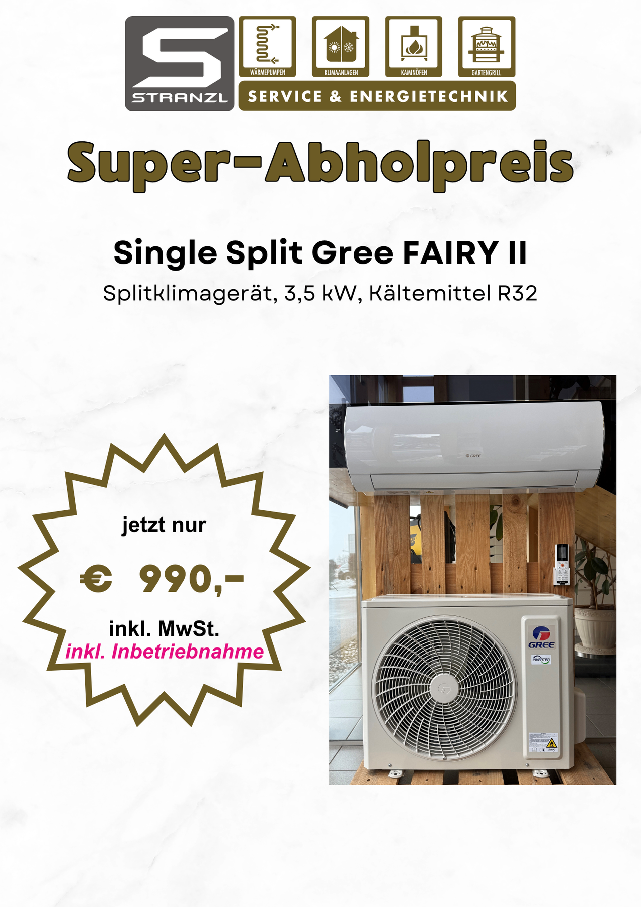 An advertisement for a special offer on a Splitklimagerat by Gree FAIRY II, 3.5 kW, with refrigerant R32. Priced at 990 Euros, including VAT and commissioning. The ad includes a photo of the device on a wooden stand.