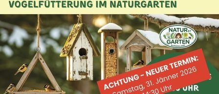 Plakat für einen Vortrag über Vögel im Wintergarten von Eva Csarmann. Veranstaltungsdatum: 31. Januar 2026, um 14:30 Uhr. Ort: 2474 Gattendorf, Feldgasse 8. Anmeldung: veranstaltungsgebld-bildungswerk.at oder 02682/62282.