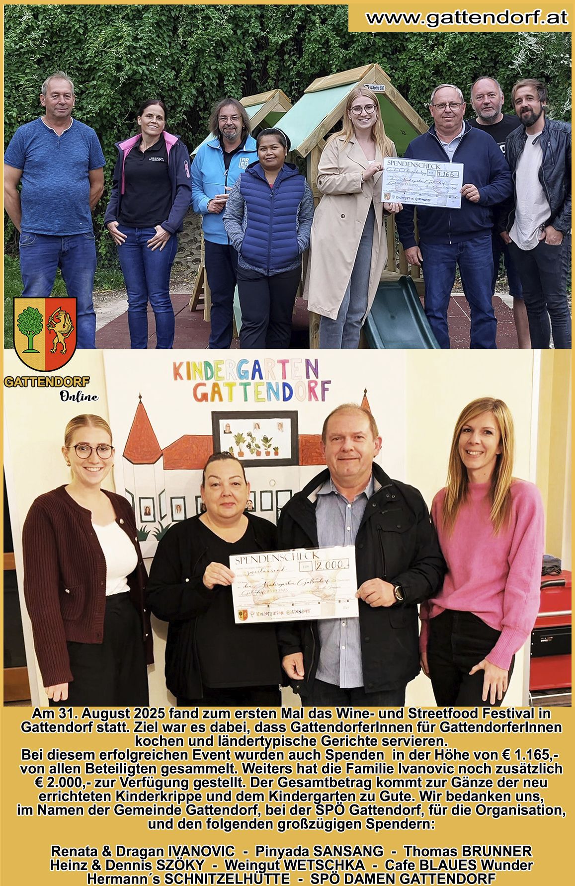 Eine Gruppe von Menschen steht zusammen und hält einen Scheck, wobei zwei Frauen auf den Seiten lächeln. Ein Banner mit Kindergarten Gattendorf im Hintergrund. Das Datum 31. August 2025 wird unten angezeigt.