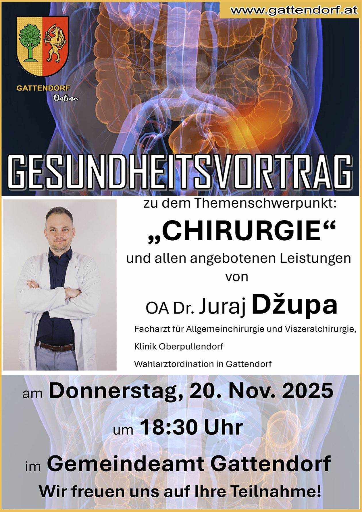 Plakat für einen Gesundheitsvortrag zum Thema Chirurgie und angebotenen Leistungen von Dr. Juraj Dzupa, geplant für den 20. November 2025 um 18:30 Uhr.