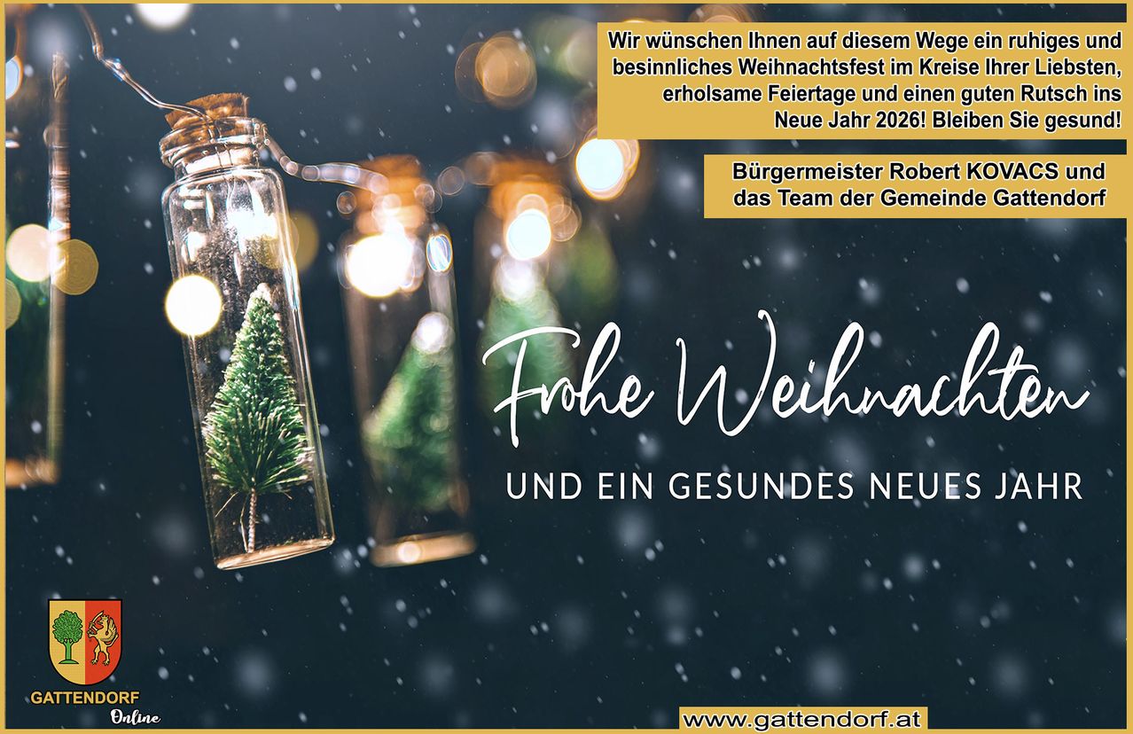 Ein festliches Bild mit einer Nachricht des Bürgermeisters, der allen ein frohes Weihnachtsfest und ein gesundes neues Jahr 2026 wünscht. Das Bild zeigt einen schneebedeckten Hintergrund mit kleinen Glasflaschen und einem Baum im Inneren, der warm leuchtet.