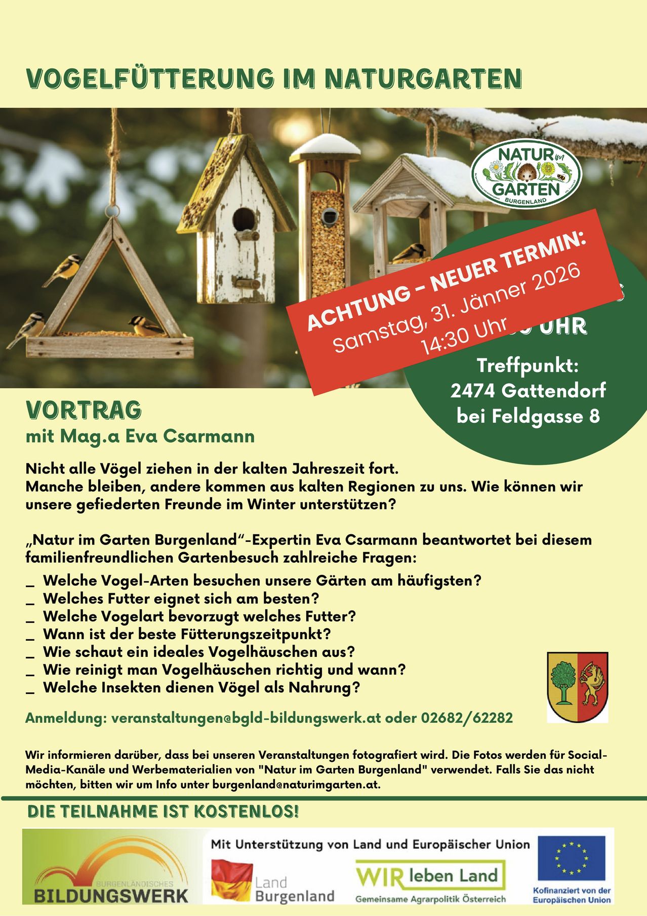 Ein Plakat für einen Vogelbeobachtungsbesuch in Burgenland mit Eva Csármann. Es enthält Fragen zu Vogelarten, Fütterung und idealen Vogelhäusern. Anmeldedetails sind angegeben und es wird auf Fotografie für soziale Medien hingewiesen.