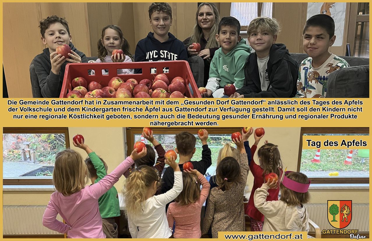 Kinder und Erwachsene aus Gattendorf halten Äpfel in einem Klassenzimmer. Das Bild zeigt ein Projekt mit dem örtlichen Kindergarten und Aufklärung über gesunde Ernährung.