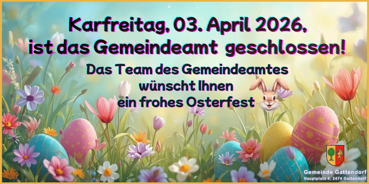 Postkarte zum Osterfest mit Blumen und einem Osterhasen. Das Gemeindeamt wünscht ein frohes Osterfest. Datum: 03. April 2020.
