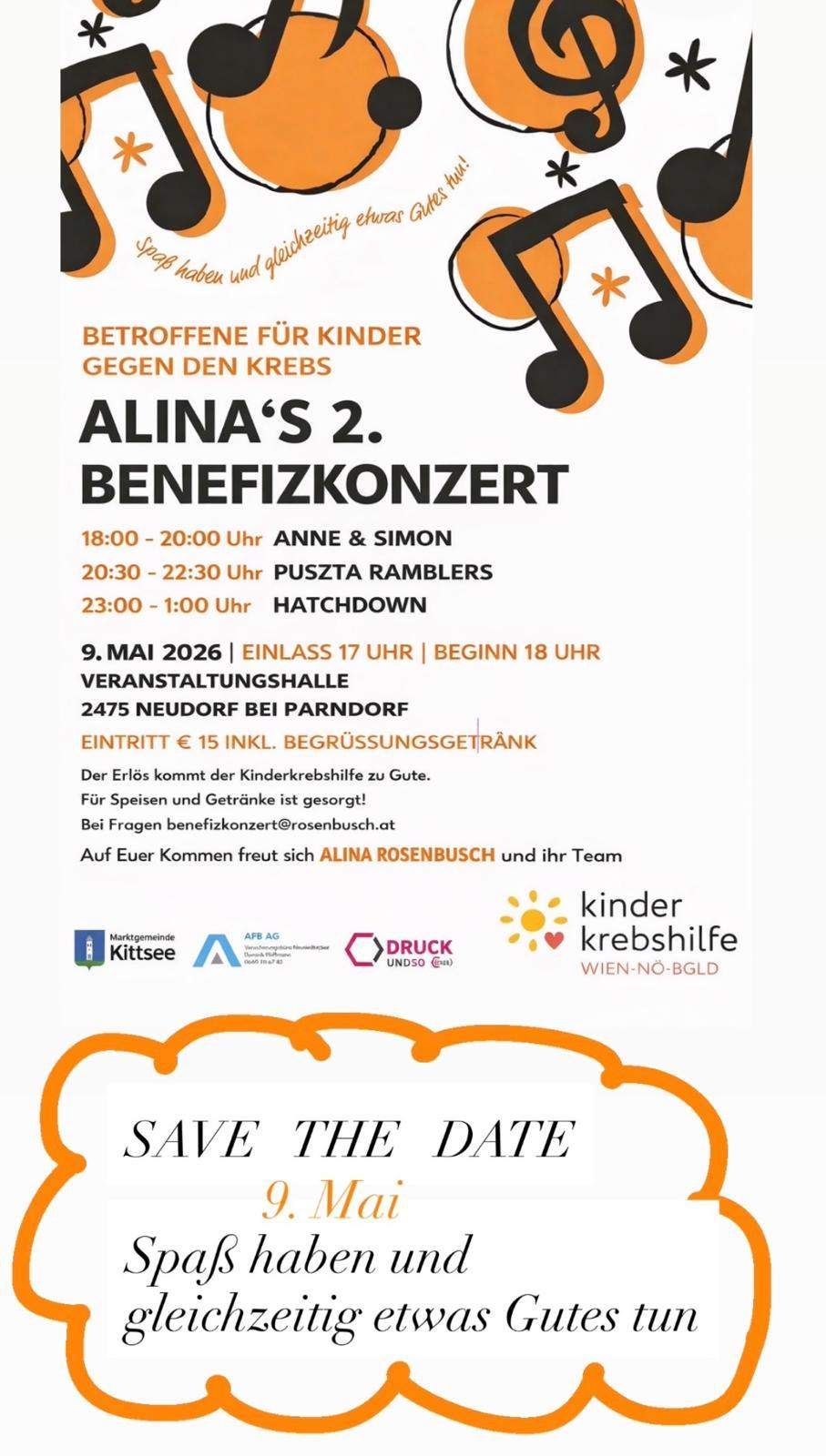 Alina's 2. Benefizkonzert für Kinder gegen Krebs. 9. Mai 2026, 17:00 Einlass, 18:00 Beginn. Anne & Simon, Pussta Ramblers, Hatchdown. Eintritt 15 €. Erlös für Kinderkrebshilfe.