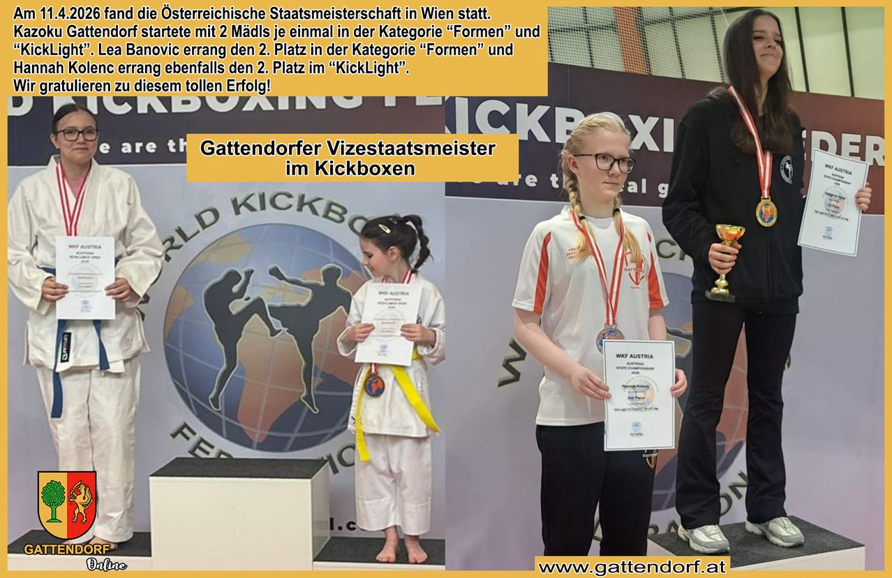 Zwei Mädchen stehen auf einer Bühne und halten Urkunden und Medaillen. Das Mädchen auf der linken Seite hält eine Urkunde mit einem gelben Band. Das Mädchen auf der rechten Seite hält einen Pokal und eine Urkunde mit einem roten Band. Der Hintergrund zeigt eine Weltkugel mit Kampfsportfiguren.
