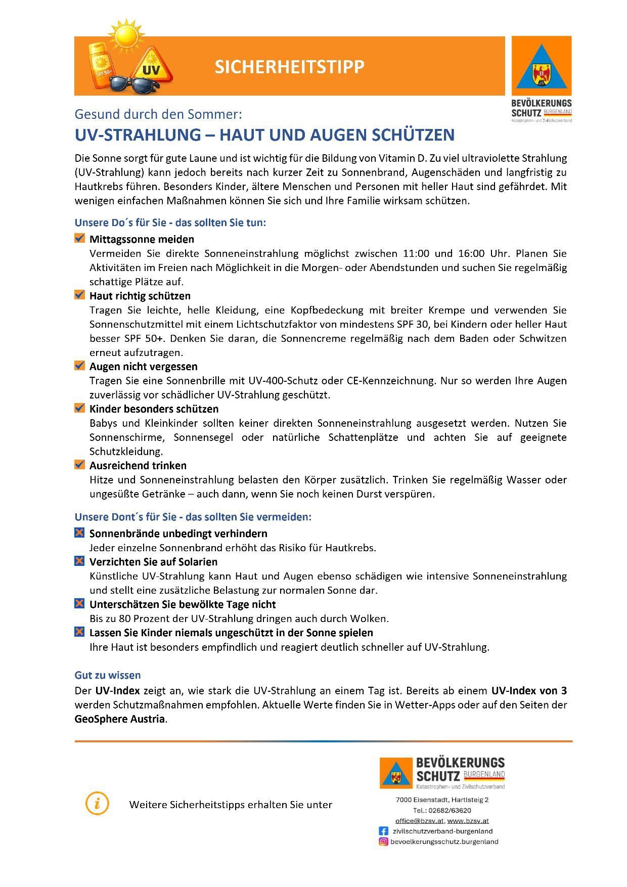 Ein Bild mit dem Titel 'UV-STRAHLUNG - HAUT UND AUGEN SCHUTZEN' bietet Informationen zum Schutz von Haut und Augen vor UV-Strahlung. Es enthält Tipps wie das Vermeiden direkter Sonneneinstrahlung zwischen 11:00 und 16:00 Uhr, das Tragen von Schutzkleidung und die Verwendung von Sonnencreme mit mindestens SPF 30 oder höher.