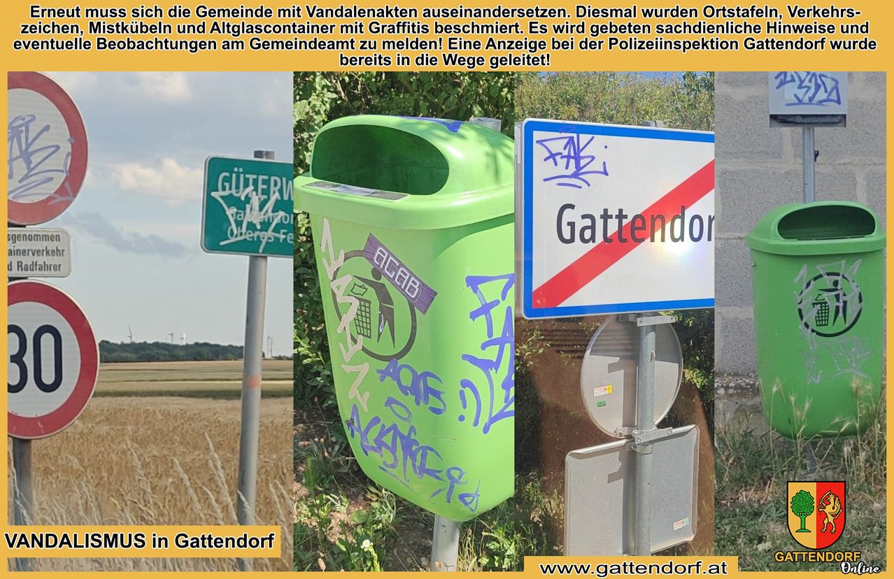 Das Bild zeigt einen grünen Müllcontainer mit Graffiti, ein Schild für Gattendorf und ein Schild mit der Aufschrift 'Güterweg'. Der Hintergrund ist unscharf, wobei eine ländliche Landschaft zu sehen ist. Der Müllcontainer ist mit verschiedenen Graffiti verunstaltet.