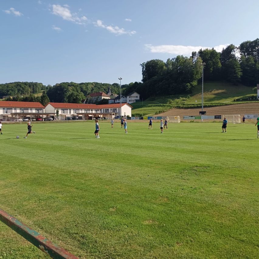 Eine Gruppe von Menschen spielt Fußball auf einem Rasenfeld mit Gebäuden und Bäumen im Hintergrund.
