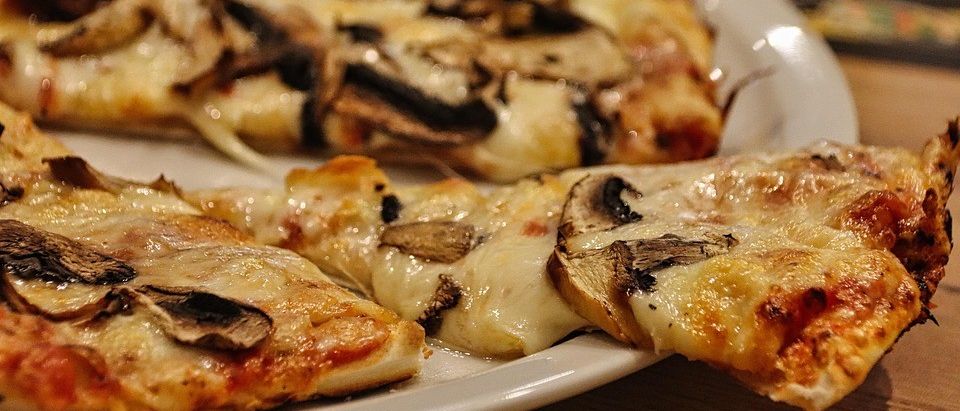 Ein weißer Teller mit mehreren Scheiben Pilzpizza, mit geschmolzenem Käse und verkohlten Champignons.