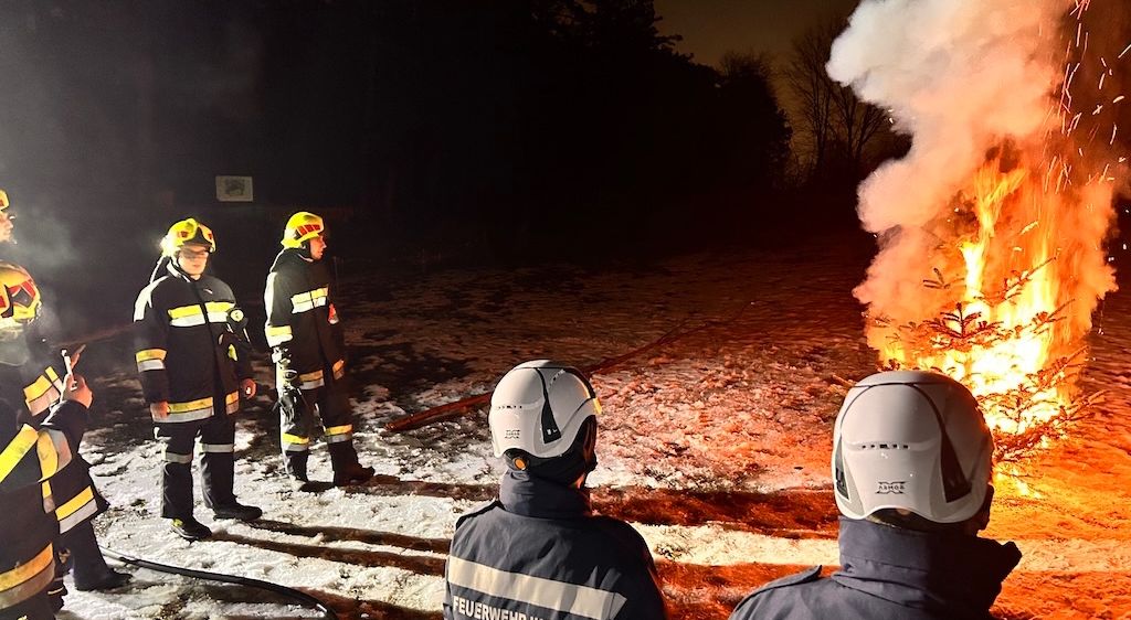 Feuerwehrleute stehen um einen brennenden Weihnachtsbaum herum, wahrscheinlich löschen sie ihn. Die Szene spielt bei Nacht, mit Schnee auf dem Boden.