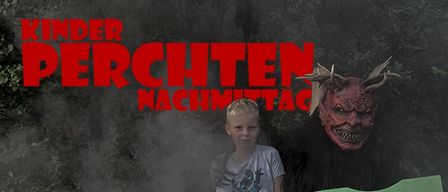 Ein Bild zeigt einen jungen Jungen mit einer gruseligen Maskenfigur. Die Veranstaltung heißt 'Kinder Perchten Nachmittag' und findet am Samstag, 21. Dezember 2025, ab 13:00 Uhr statt.