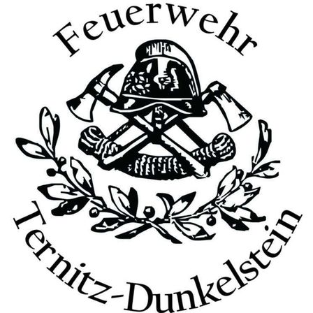 Das Emblem der Feuerwehr Ternitz-Dunkelstein zeigt einen Feuerwehrhelm, zwei Äxte und einen Lorbeerkranz. Oben steht 'Feuerwehr' und unten 'Ternitz-Dunkelstein'.