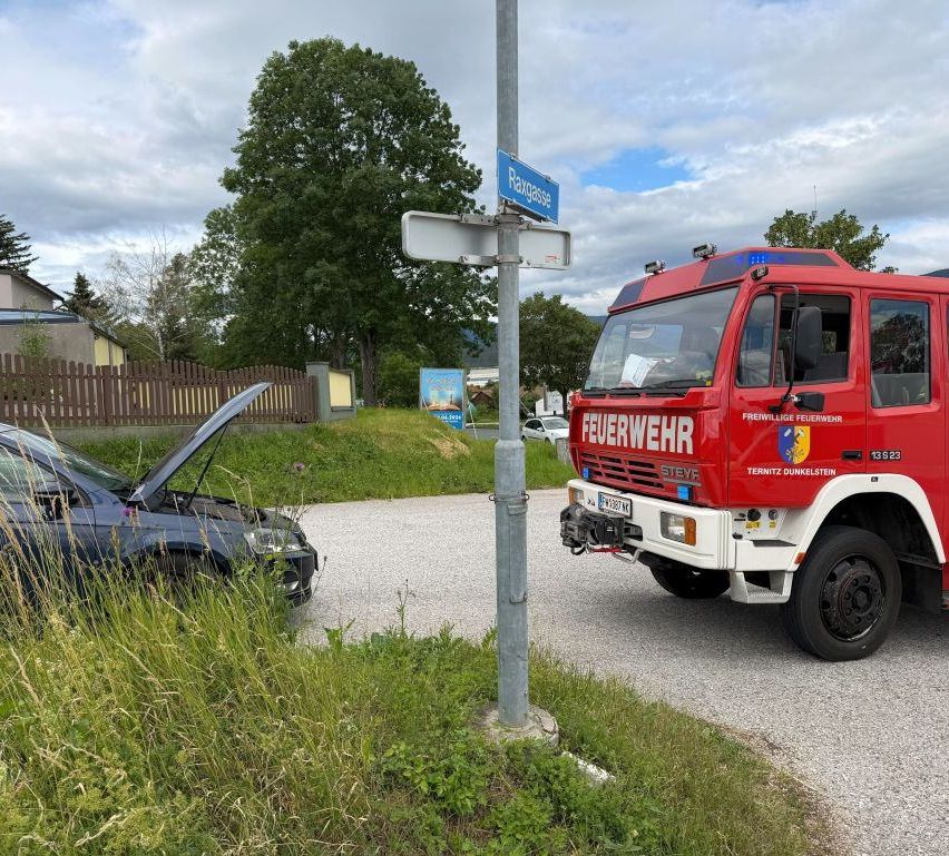 A car with its hood up is parked on a side road, next to a fire truck. A street sign is mounted on a pole, and a fence and trees are visible in the background.