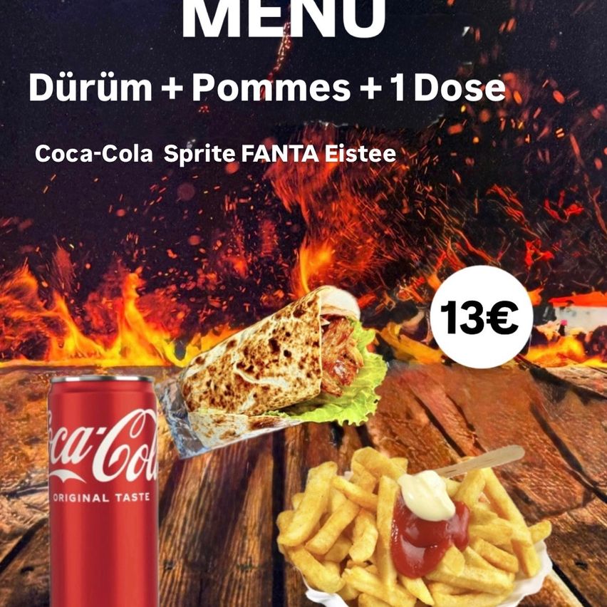 Das Menü zeigt Dürüm+Pommes+1 Dose Coca-Cola Spritze FANTA Eistee für 13€, mit Dürüm, Pommes und einer Coca-Cola Dose auf einem Holztisch.