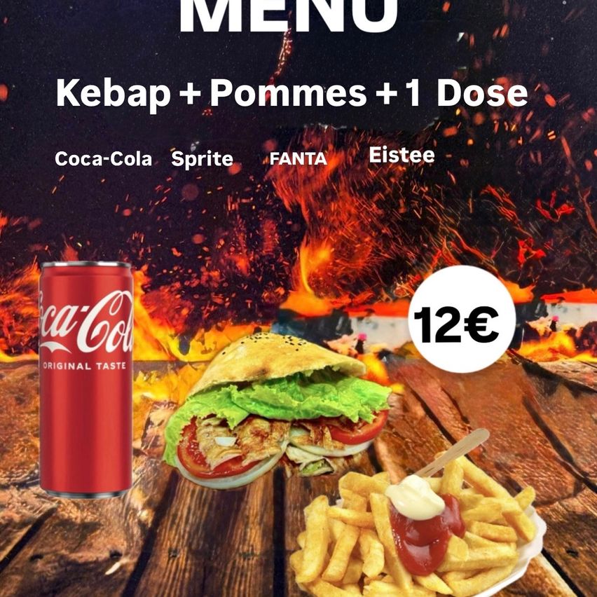 Menü: Kebab mit Pommes und ein Getränk für 12 Euro. Inklusive Coca-Cola, Sprite und Fanta. Mit Pommes und einem Dip serviert.