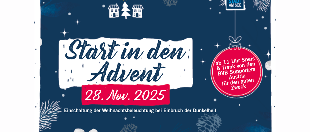 Werbeposter für den Beginn des Advents am 28. November 2025 mit blauem Hintergrund, Weihnachtsbäumen und Häusern, rotem Banner mit weißem Text und Social-Media-Symbolen.