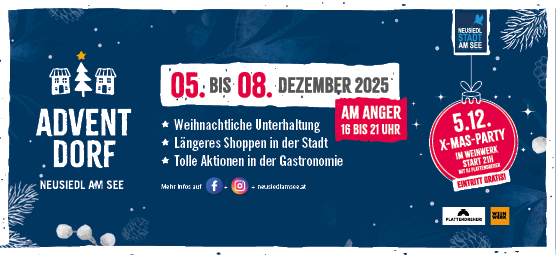 Plakat für Advent Dorf in Neusiedl am See, 5.-8. Dezember 2025. Zeigt festliche Dekorationen, Veranstaltungsplan und lokale Attraktionen.