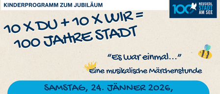 Ein Plakat zur Feier eines 10-jährigen Jubiläums mit dem Text 'U + 10 x WIR = JAHRE STADT' und 'Es war einmal. Eine musikalische Märchen'. Die Veranstaltung findet am Samstag, 24. Januar 2026, um 16 Uhr im Untergarten Storchenne statt.