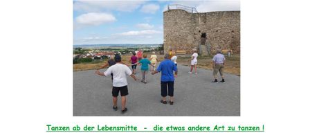 Plakat für das Tanzen auf Neusiedls Tabor, mit Gruppentänzen in verschiedenen Stilen und Orten. Es erwähnt wöchentliche Sitzungen und eine kleine Gebühr.