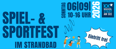 Plakat für ein Strandsportfest am Sonntag, 6. September, von 10-16 Uhr. Kinder spielen Ball am Strand.