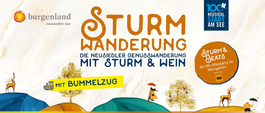 Plakat für einen Genusswanderweg für Neusiedler mit Sturm & Wein am 12. September 2026. Das Plakat zeigt einen stilisierten Baum, eine Person mit einem Regenschirm und eine Weinflasche. Der Text ist auf Deutsch.