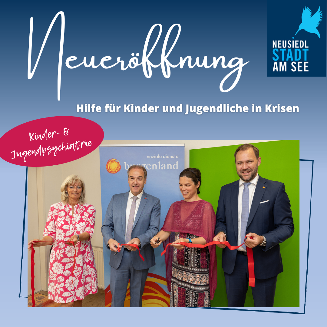 Plakat für eine neue Kinder- und Jugendpsychiatrie. Vier Personen schneiden ein rotes Band vor einem blauen und grünen Hintergrund.