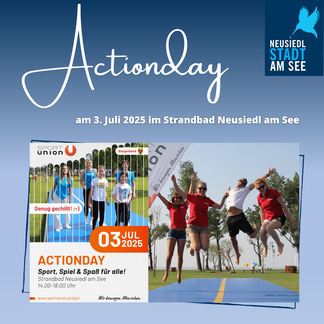 Werbeplakat für Actionday am 3. Juli 2025 im Strandbad Neusiedl am See, zeigt springende, laufende und aktive Personen mit Logo des Sportverbandes.