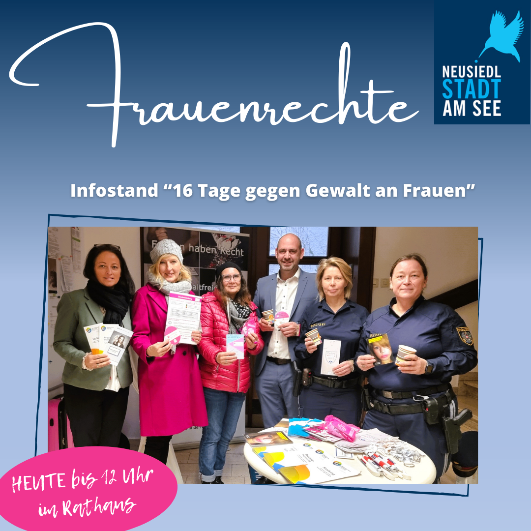 Plakat für eine Frauenrechtskampagne gegen Gewalt. Es zeigt eine Gruppe von Frauen und Polizeibeamten, die Broschüren halten und zusammenstehen. Die Kampagne trägt den Titel '16 Tage gegen Gewalt an Frauen'.