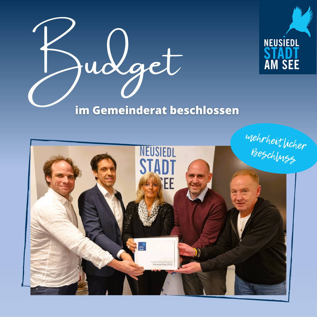 Fünf Personen halten einen gerahmten Preis und lächeln. Der Hintergrundsbanner sagt 'Neusiedl Stadt EE'. Der blaue Hintergrund hat 'Budget' und 'im Gemeinderat beschlossen'. Eine Überlagerung sagt 'mehrheitlicher Beschluss'.