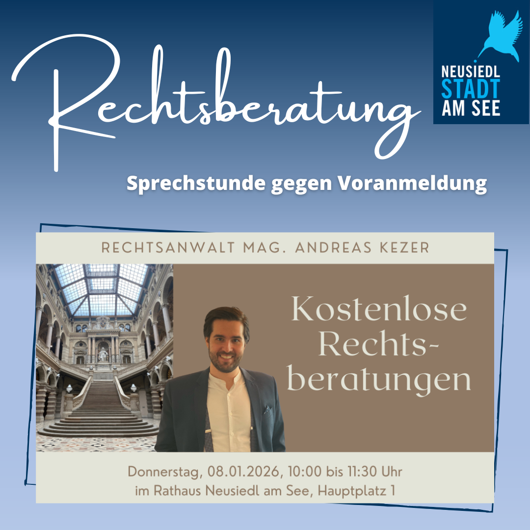 Werbeplakat für kostenlose Rechtsberatung gegen Vorladung. Ein Anwalt steht vor einem historischen Gebäude. Datum und Uhrzeit der Veranstaltung sind angegeben.