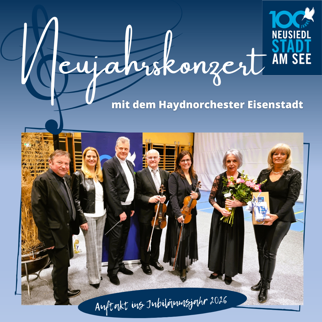 Plakat für ein Neujahrskonzert mit dem Haydnorchester Eisenstadt, mit sechs Musikern mit Instrumenten, einschließlich Geige und Cello, die lächelnd für ein Foto posieren.