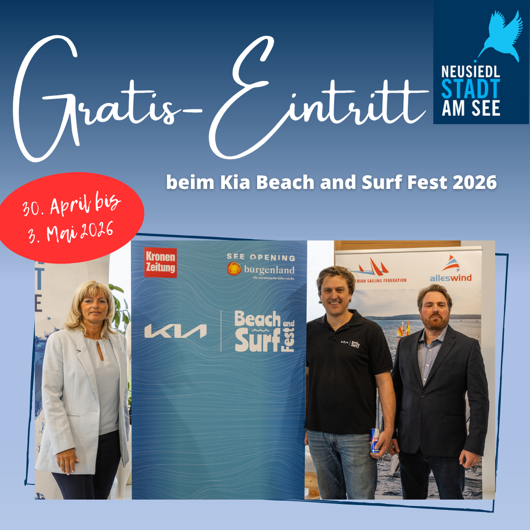 Eine Werbung für das Kia Beach and Surf Fest 2026. Drei Personen stehen vor Bannern. Eine Frau in einer weißen Jacke und zwei Männer in formeller Kleidung. Die Termine sind 30. April bis 3. Mai 2026.