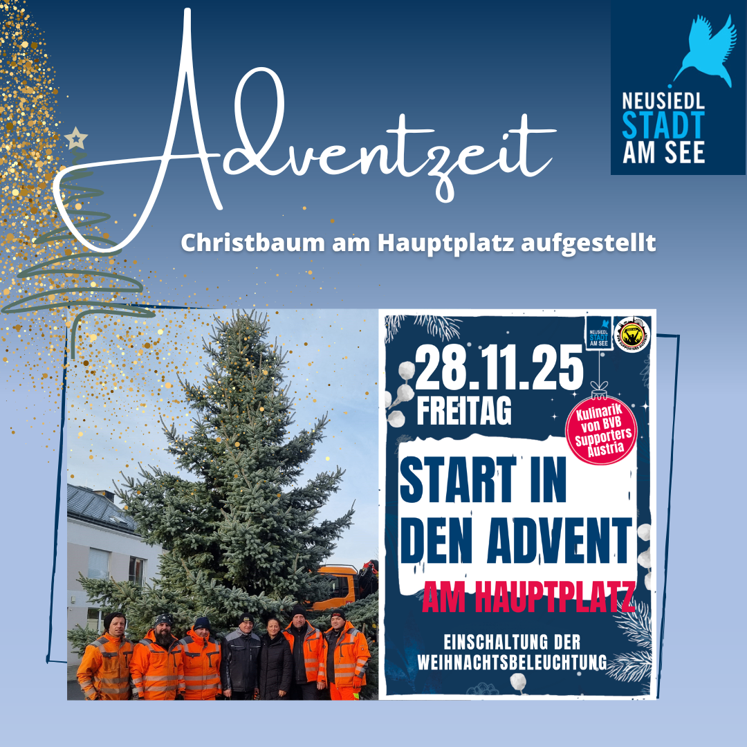 Poster zur Adventsfeier mit Weihnachtsbaum. Die Veranstaltung ist am Freitag, 25. November 2020. Eine Gruppe von Personen in orangefarbenen Uniformen steht vor dem Baum.