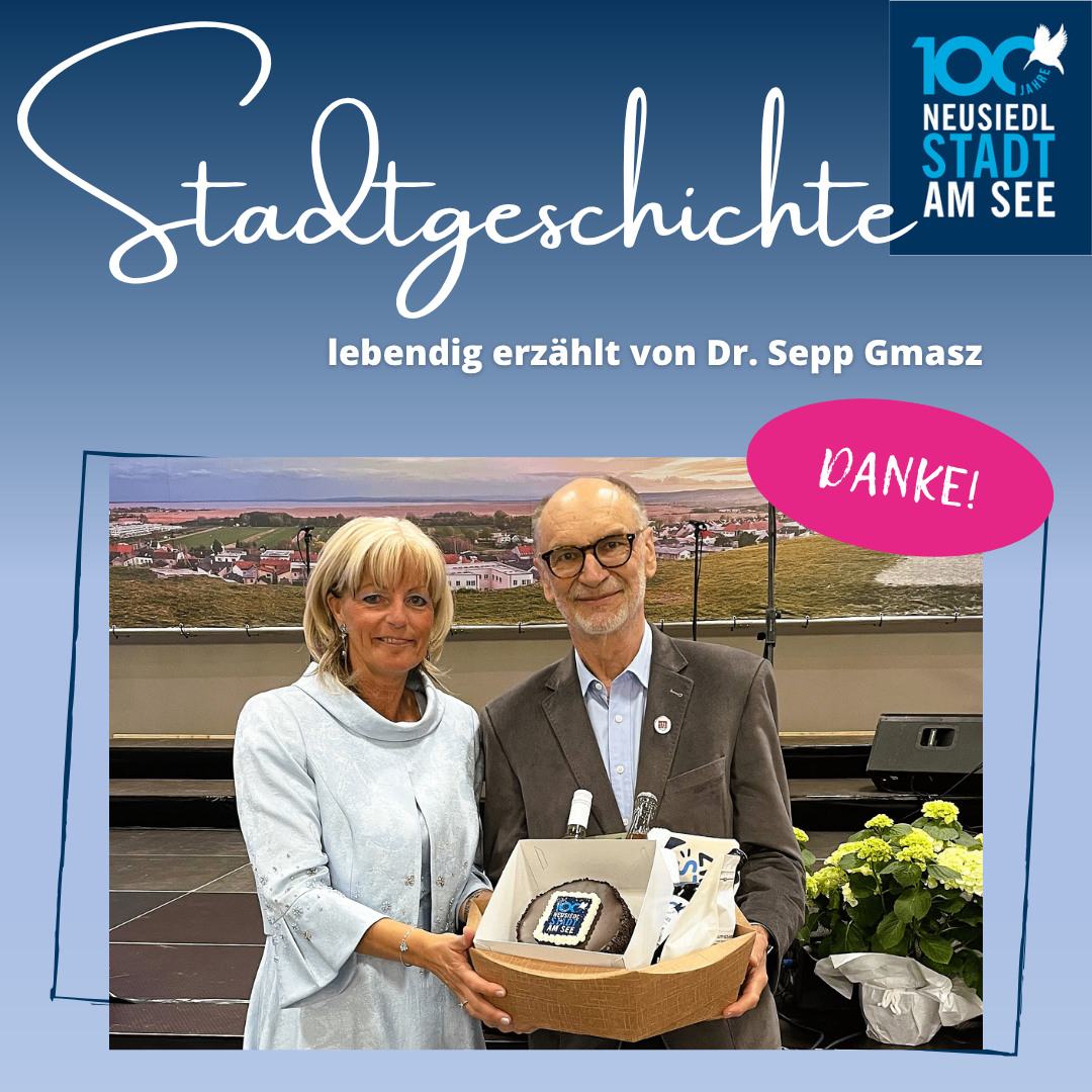 An image of a man and woman standing with a cake, with the text Stadtgeschichte AM SEE above them and a poster with the text DANKE! on the right.