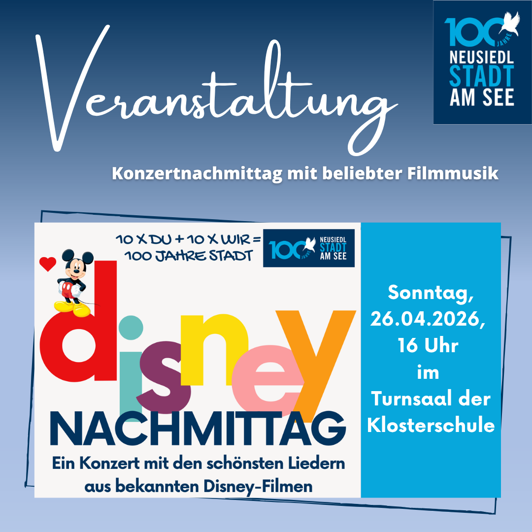 Event poster for a concert with Disney film music. Date: April 26, 2026, time: 16:00, venue: Gymnasium of Klosterschule.