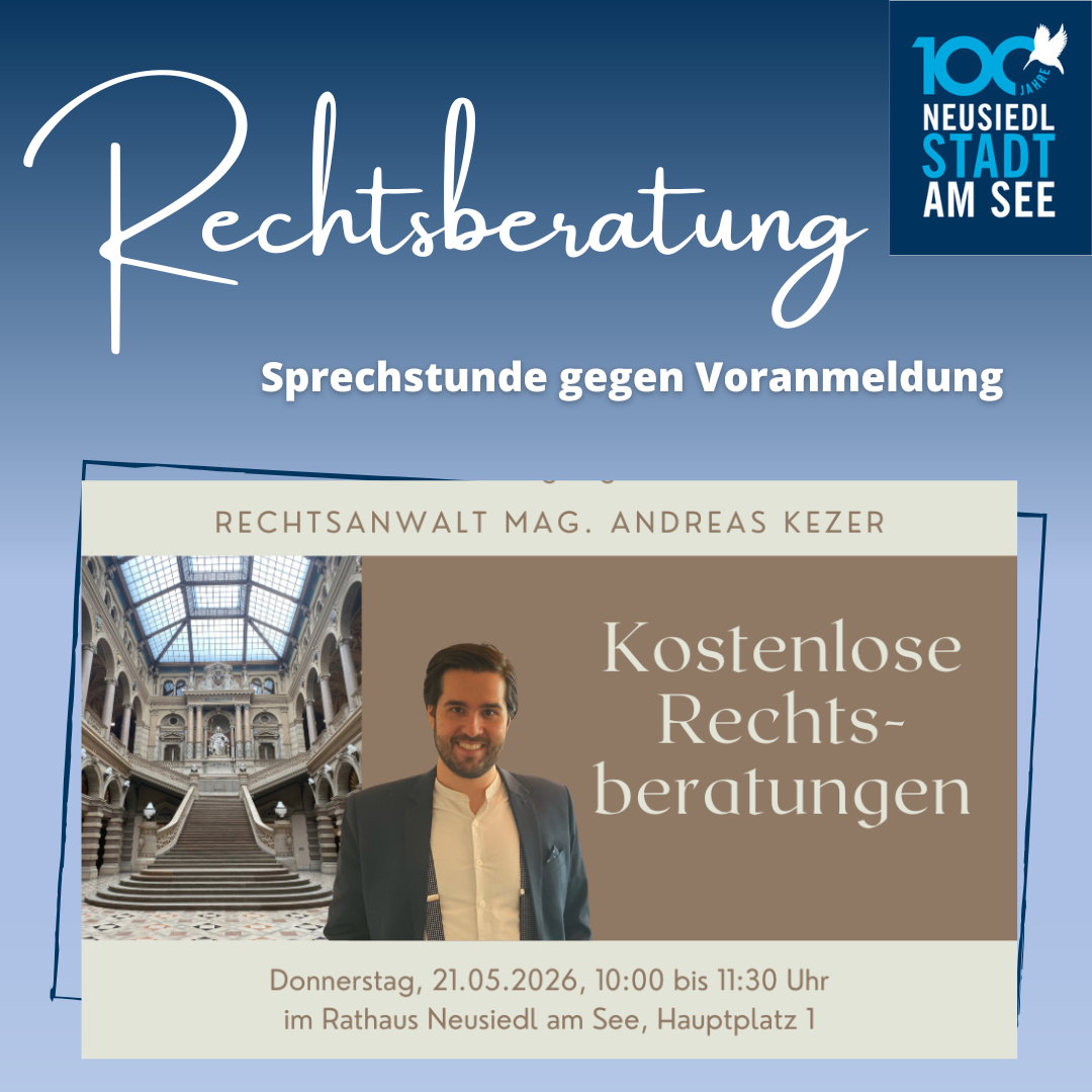An advertisement for free legal consultations by attorney Andreas Kezer. The event is on Thursday, May 21, 2026, from 10:00 to 11:30 AM at Rathaus Neusiedl am See, Hauptplatz 1.