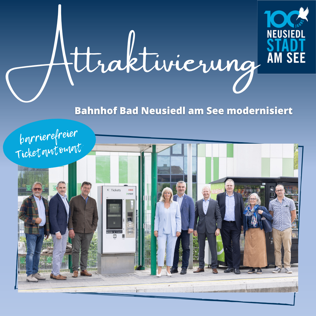 Officials stand in front of a ticket machine at the modernized Bad Neusiedl am See train station, celebrating its 100th anniversary.