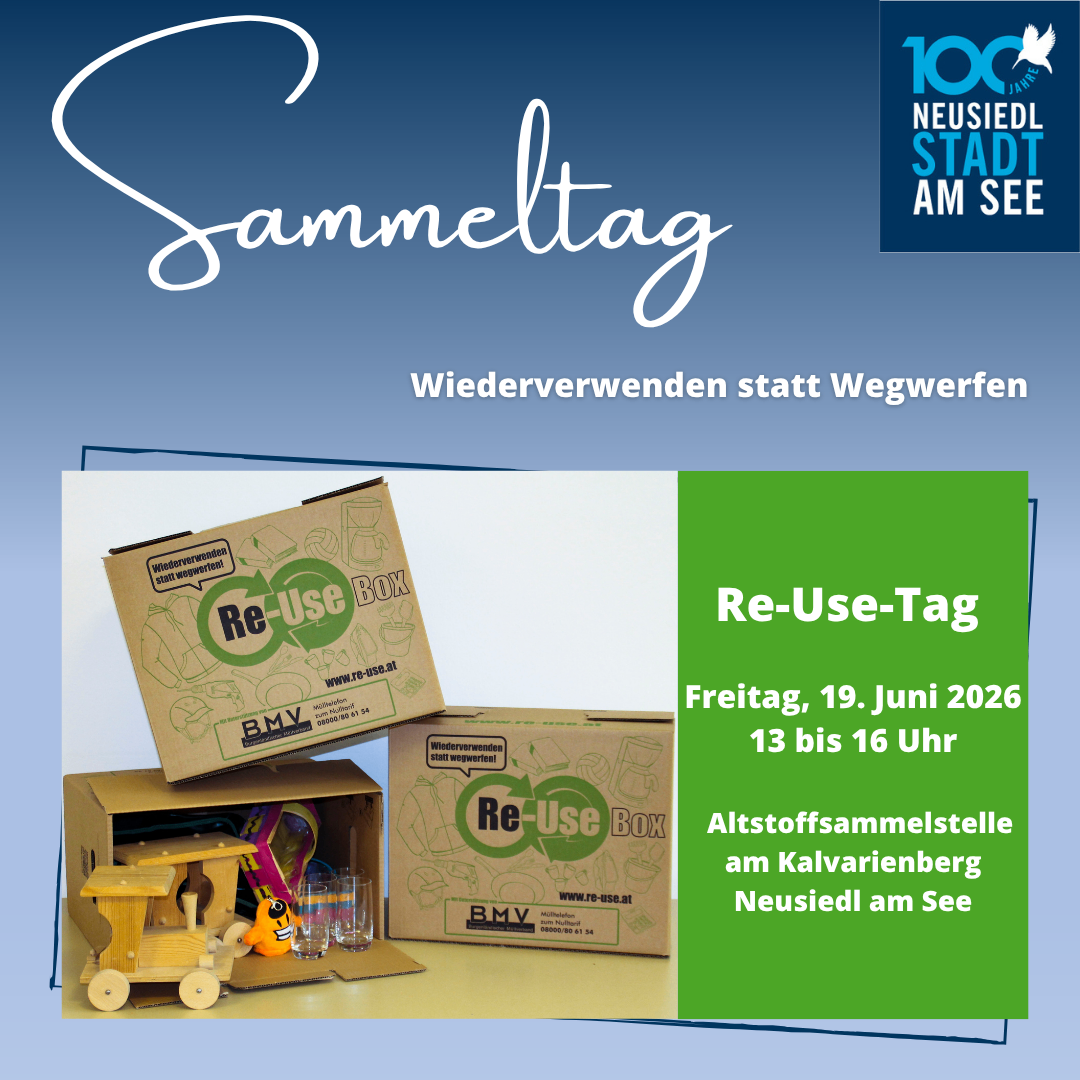 Plakat für die Veranstaltung Re-Use-Tag, mit Kartons alten Gegenständen, am 19. Juni 2026, von 13 bis 16 Uhr, am Kalvarienberg, Neusiedl am See.