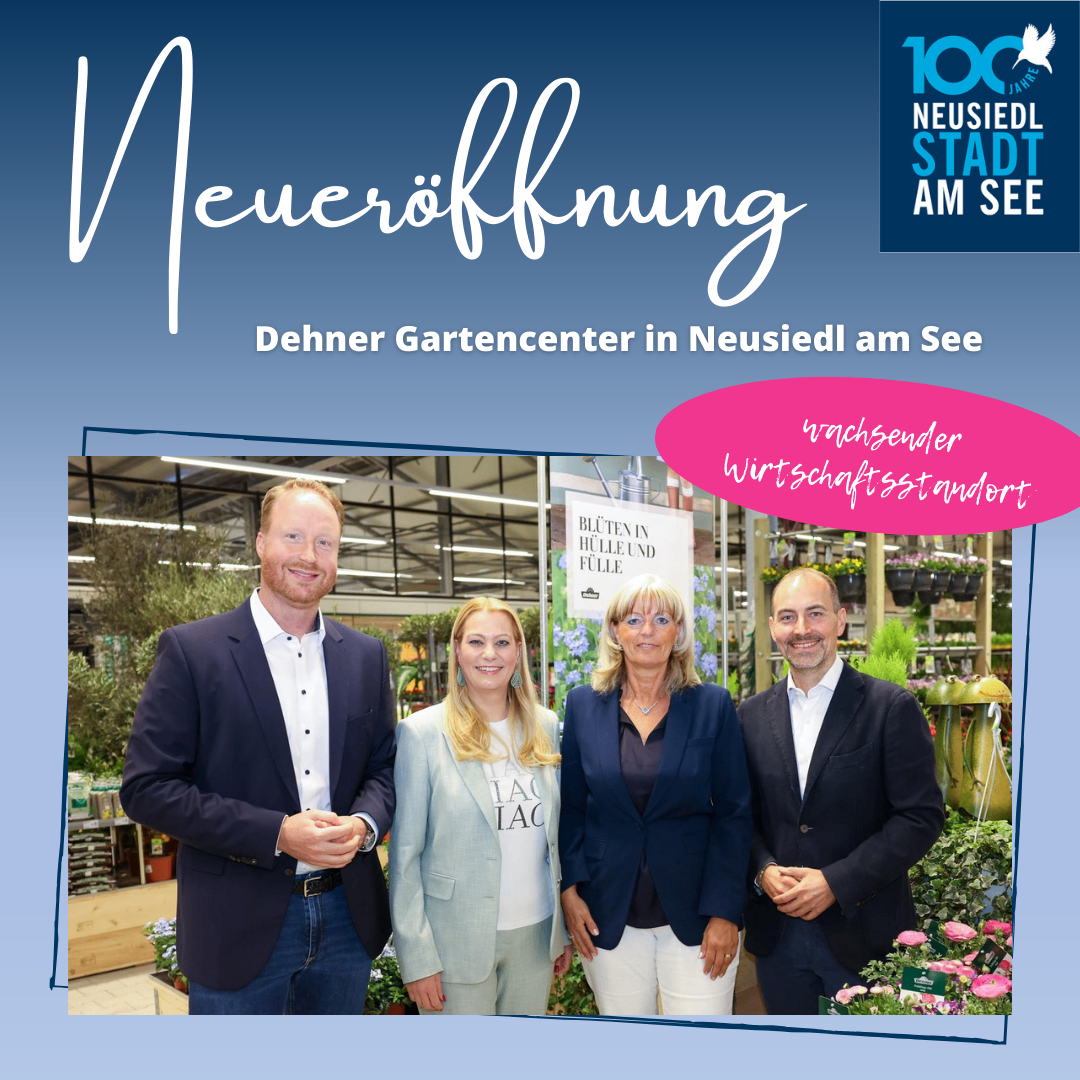 Das Bild zeigt vier Personen in einem Gartencenter. Der Mann links trägt einen dunklen Anzug. Ein Schild hinter ihnen steht 'Bluten in Hule und Fulle'. Über ihnen steht der Text 'Neueroeffnung Deh'.