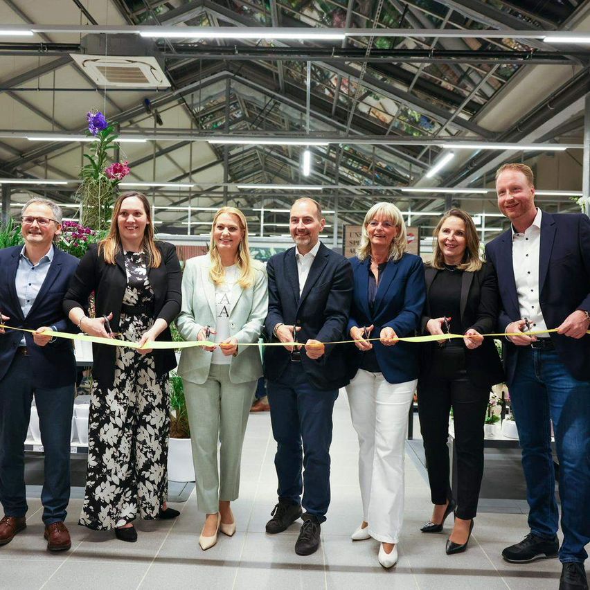 Eine Gruppe von Erwachsenen steht in einer Reihe, hält ein gelbes Band und lächelt. Sie befinden sich in einem Raum mit weißer Decke, Lichtern und einer Pflanze. Sie scheinen einen besonderen Anlass zu feiern.