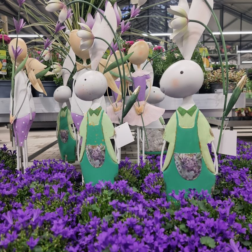 Ein Gartendisplay mit mehreren dekorativen Hasenfiguren, die zwischen lila Blumen stehen. Die Hasen sind in grünen Schürzen gekleidet und halten Blumen. Im Hintergrund sind verschiedene Topfpflanzen zu sehen.