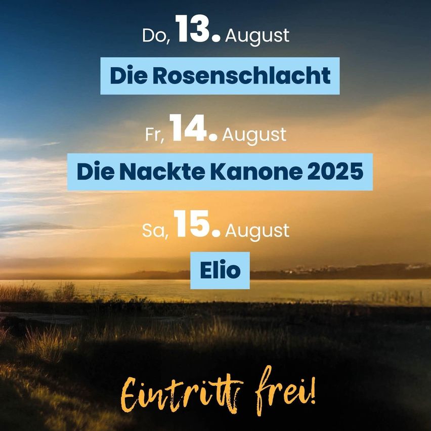 Ein Plakat mit einer landschaftlichen Hintergrunddarstellung zeigt drei Termine und Veranstaltungen: 'Die Rosenschlacht' am 13. August, 'Die Nackte Kanone 2025' am 14. August und 'Elio' am 15. August. Der Hintergrund zeigt einen Sonnenuntergang.
