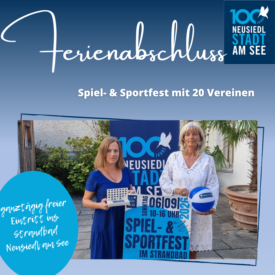 Two women stand in front of a sign for a sports festival in Neusiedl am See, holding a trophy and a ball. The event is free and takes place on June 9, 2026.