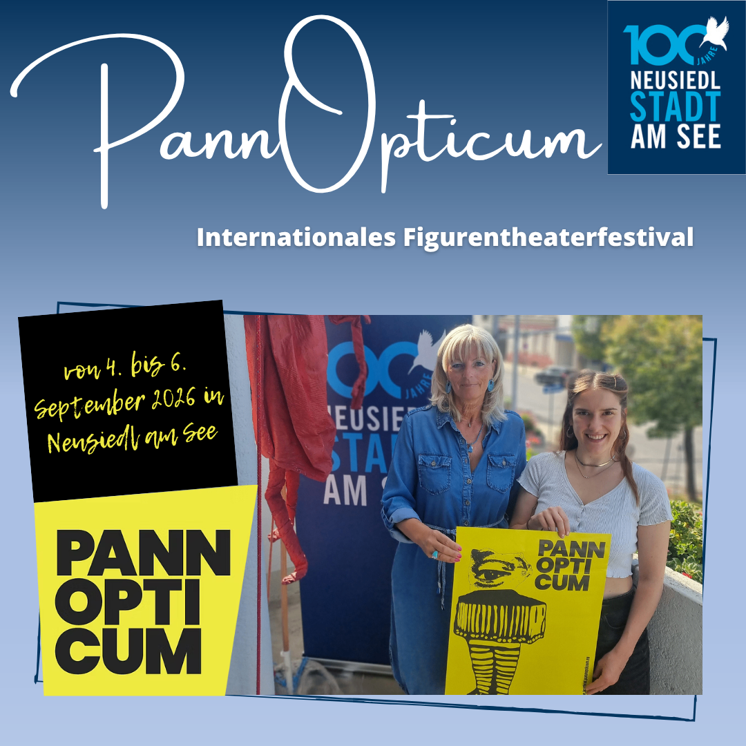 Poster for PannOpticum International Figure Theater Festival, featuring two women holding a sign and a puppet on a blue background.