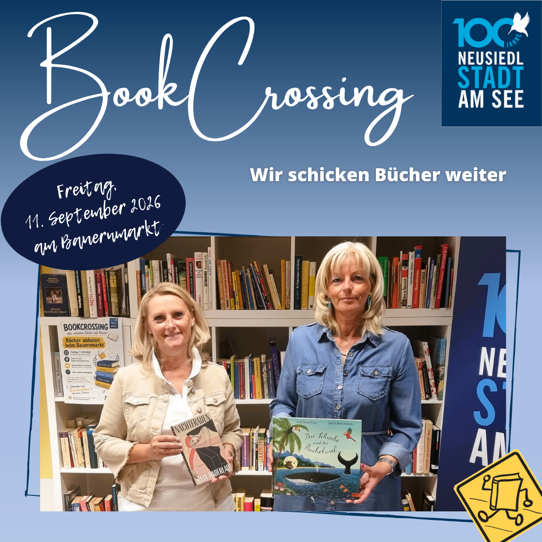 Two women stand in front of a bookshelf, smiling and holding books. One holds a book titled 'Die Himmelsleiter und der Buchwald'. The background features a banner with the text 'BookCrossing' and 'Wir schicken Bücher weiter'. The date '11. September 2026' is also displayed.
