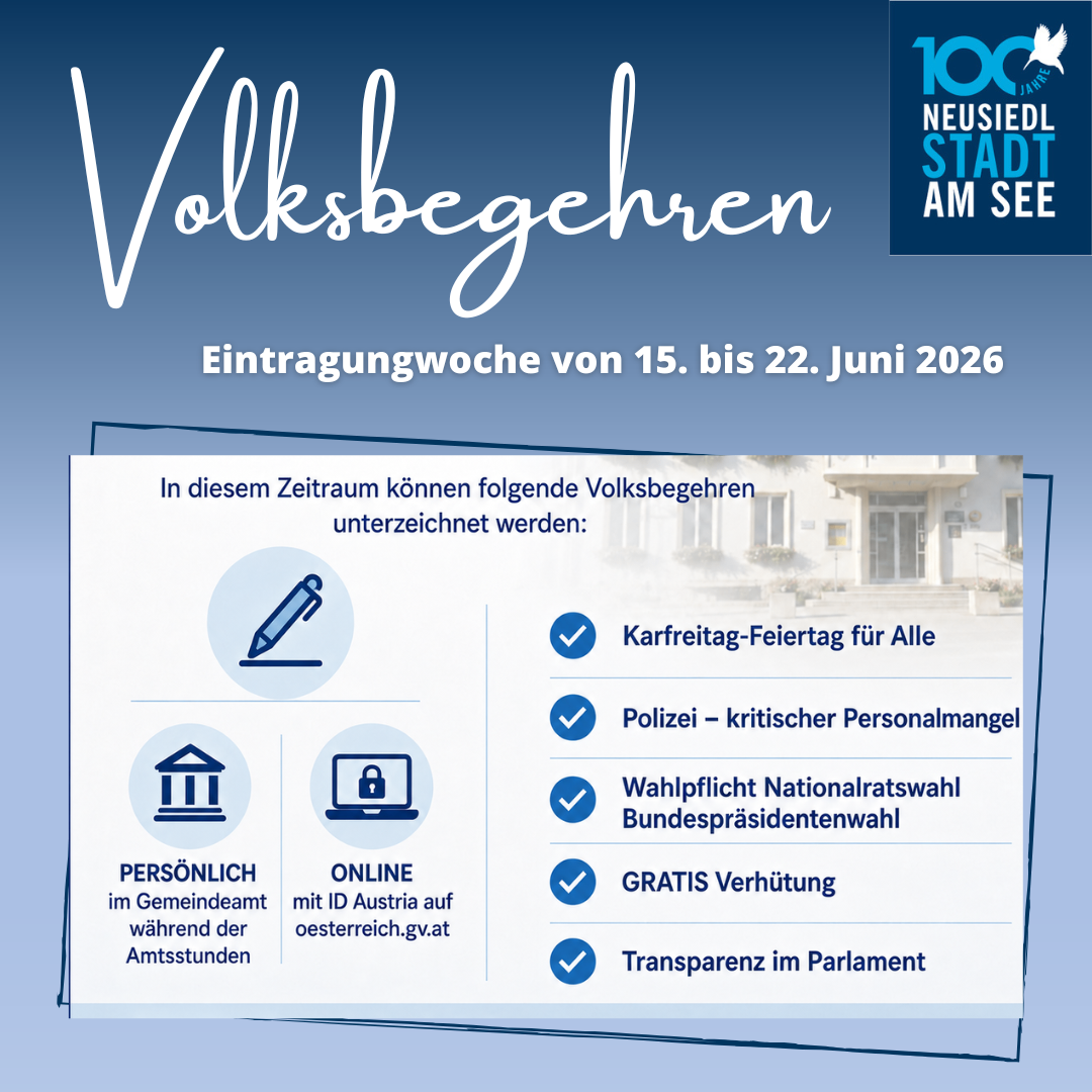 Plakat für die Volksbefragungen-Eintragungswoche vom 15. bis 22. Juni 2026. Es listet mehrere Themen auf, darunter öffentliche Feiertage, Polizeimangel, Nationalratswahlen und kostenlose Parkplätze. Optionen zum Anmelden umfassen persönlich im Gemeindeamt während der Bürozeiten oder online mit ID Austria auf oesterreich.gv.at.
