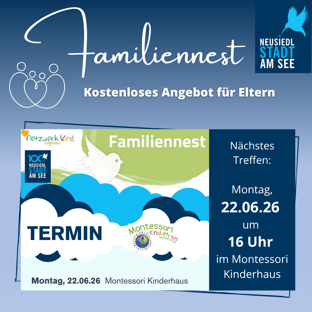 Plakat für Familiennest, ein kostenloser Service für Eltern. Veranstaltung am Montag, 22.06.26 um 16 Uhr im Montessori Kindergarten.