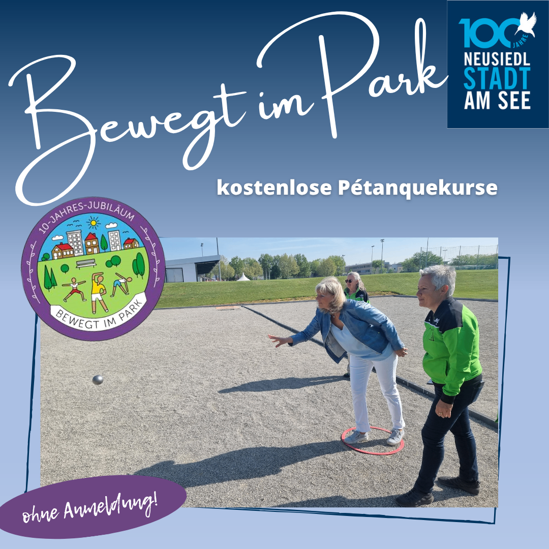 Eine Werbung für kostenlose Pétanque-Kurse, mit zwei Erwachsenen, die auf einem Platz mit einem Ball spielen.